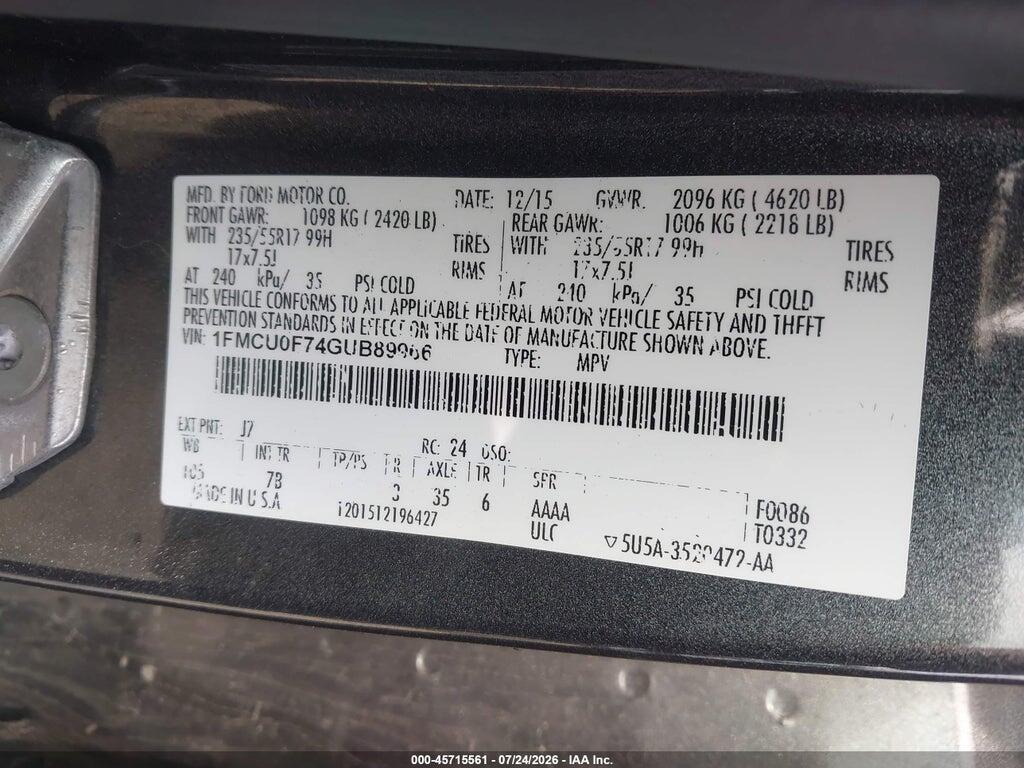 1FMCU0F74GUB89966 2016 FORD ESCAPE photo no. 9