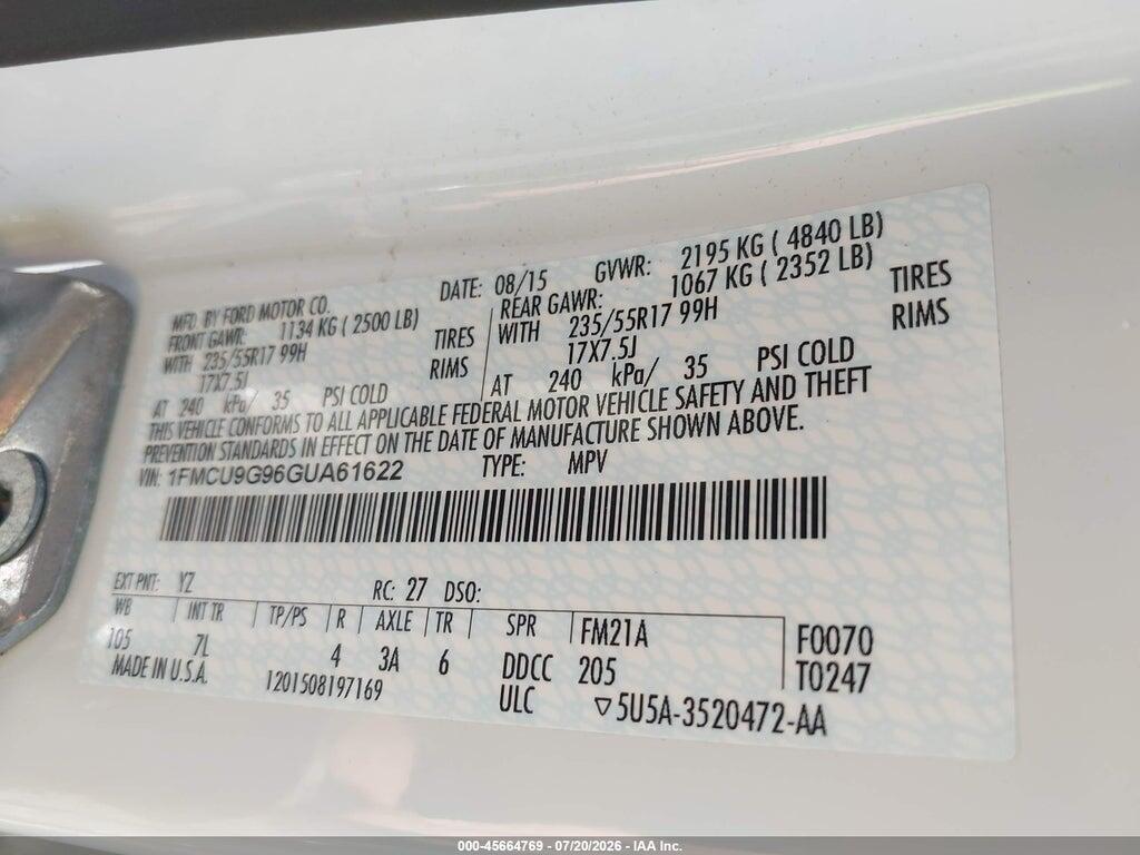 1FMCU9G96GUA61622 2016 FORD ESCAPE photo no. 9