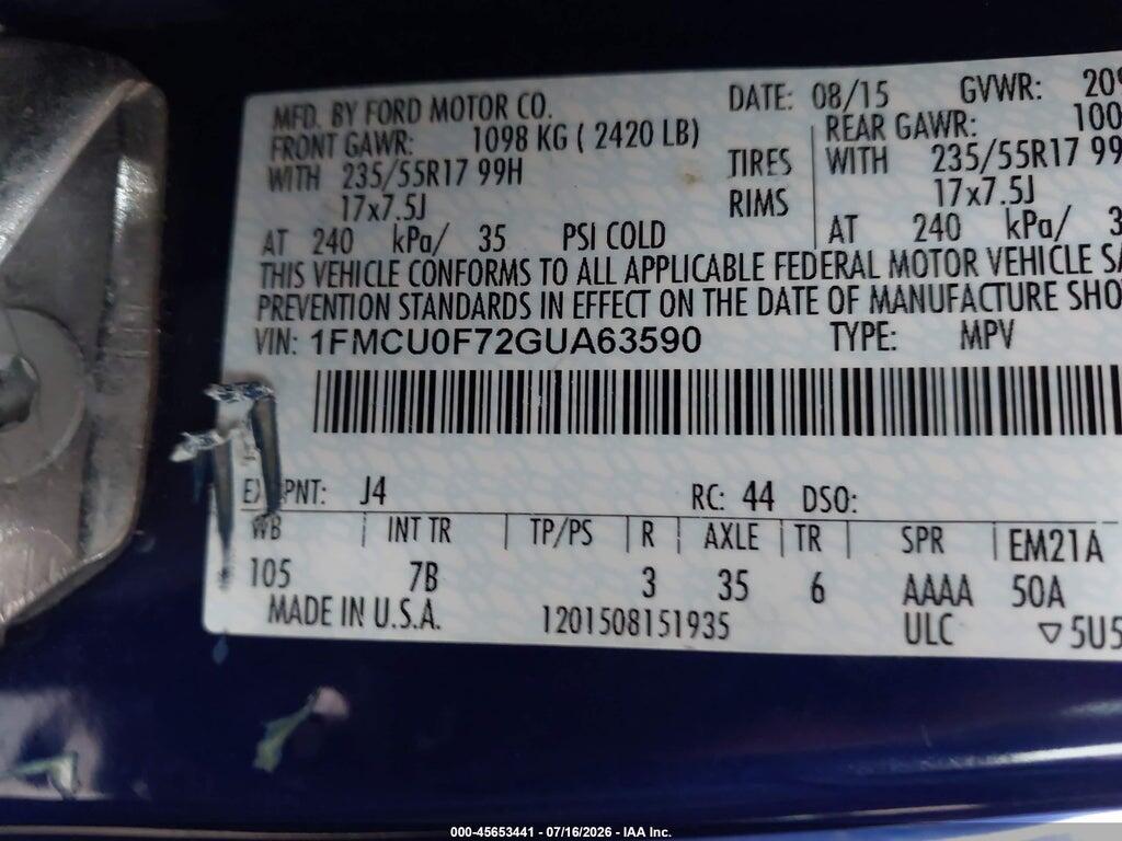 1FMCU0F72GUA63590 2016 FORD ESCAPE photo no. 9
