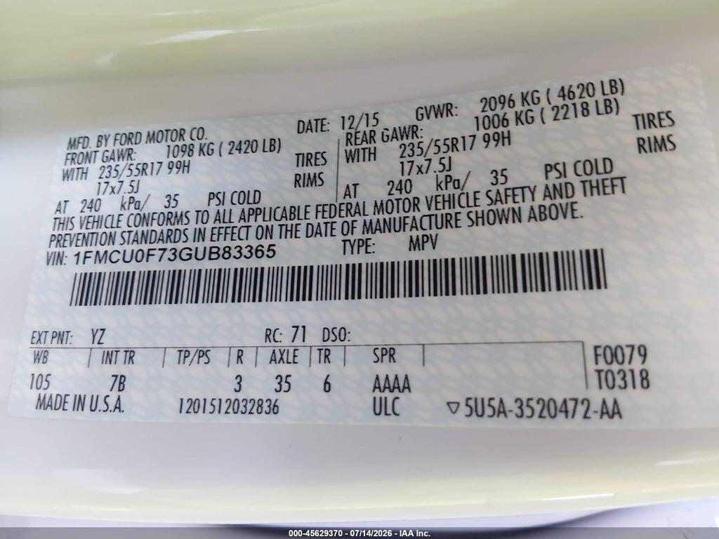 1FMCU0F73GUB83365 2016 FORD ESCAPE photo no. 9