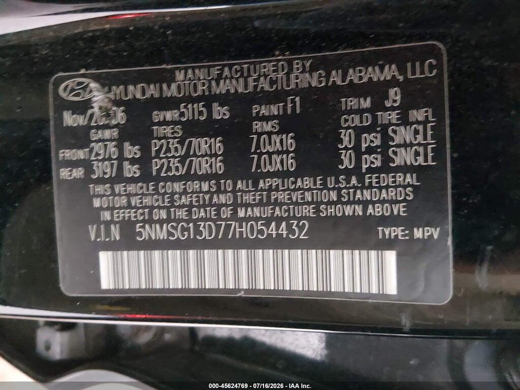 5NMSG13D77H054432 2007 HYUNDAI SANTA FE photo no. 9