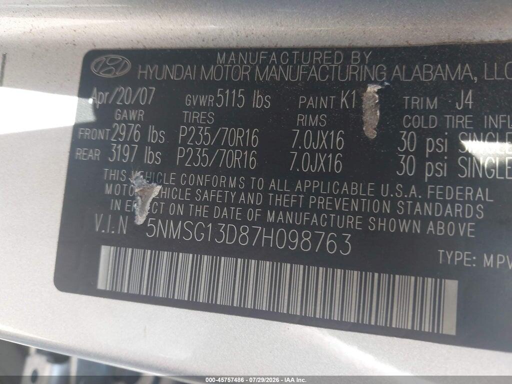5NMSG13D87H098763 2007 HYUNDAI SANTA FE photo no. 9