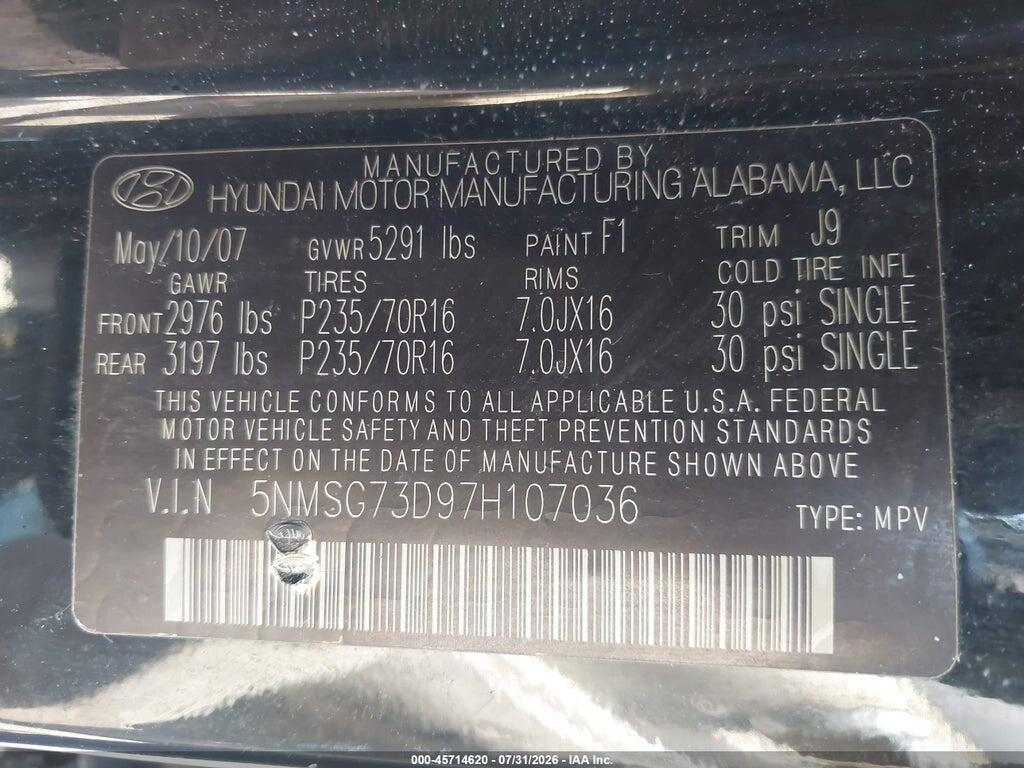 5NMSG73D97H107036 2007 HYUNDAI SANTA FE photo no. 9