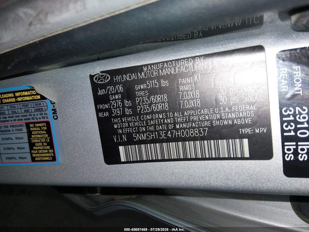 5NMSH13E47H008837 2007 HYUNDAI SANTA FE photo no. 9
