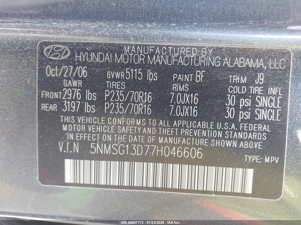 5NMSG13D77H046606 2007 HYUNDAI SANTA FE photo no. 9