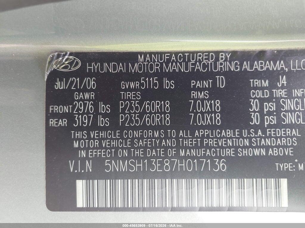 5NMSH13E87H017136 2007 HYUNDAI SANTA FE photo no. 9