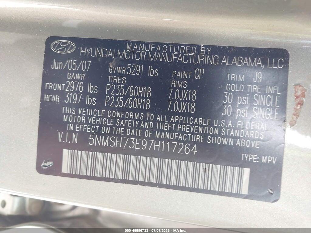 5NMSH73E97H117264 2007 HYUNDAI SANTA FE photo no. 9