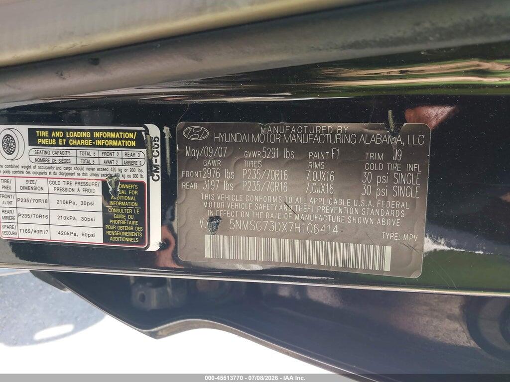 5NMSG73DX7H106414 2007 HYUNDAI SANTA FE photo no. 9