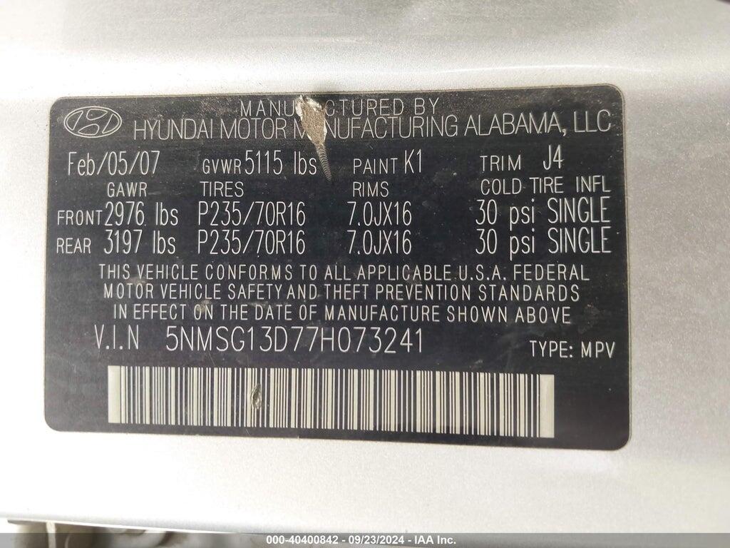5NMSG13D77H073241 2007 HYUNDAI SANTA FE photo no. 9