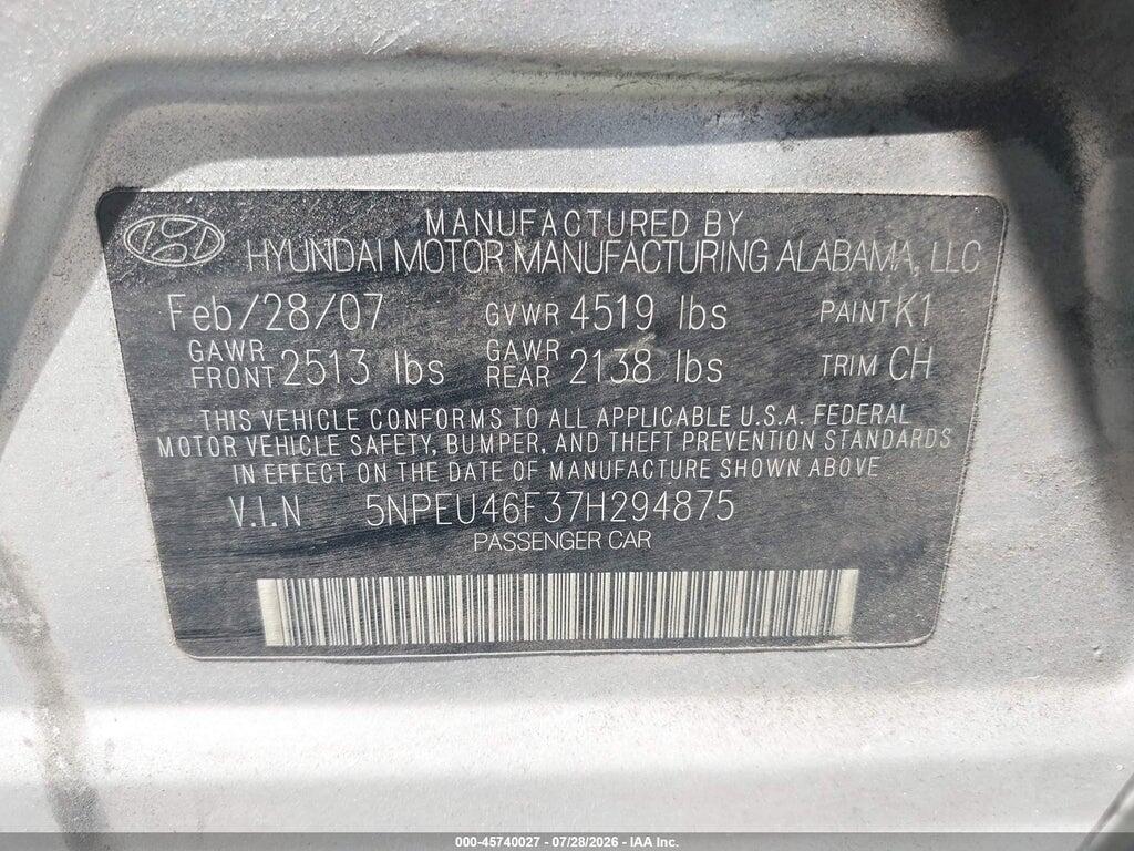 5NPEU46F37H294875 2007 HYUNDAI SONATA photo no. 9