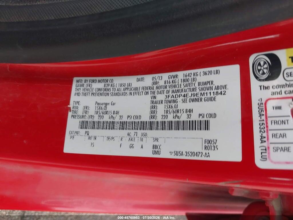3FADP4EJ9EM111842 2014 FORD FIESTA photo no. 9