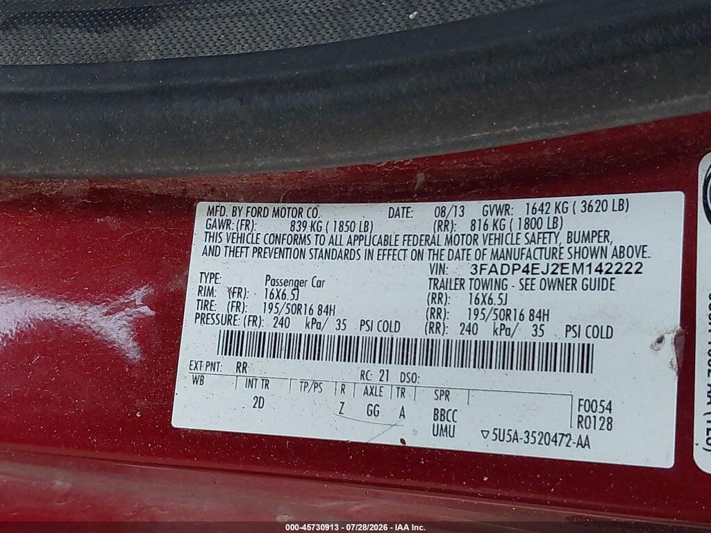 3FADP4EJ2EM142222 2014 FORD FIESTA photo no. 9