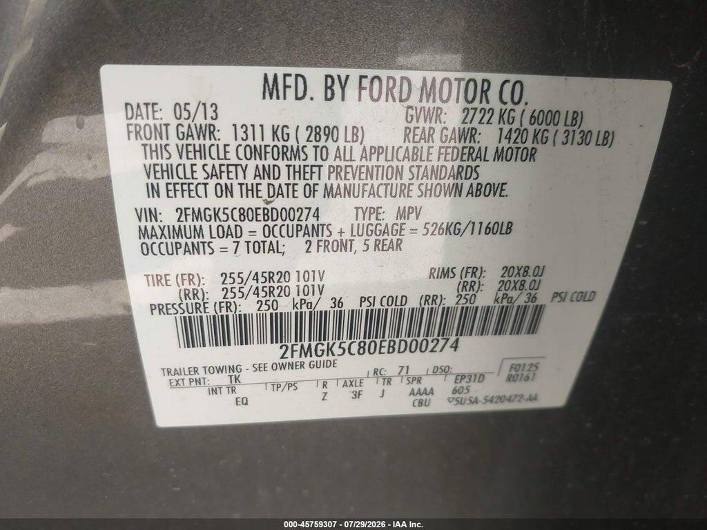 2FMGK5C80EBD00274 2014 FORD FLEX photo no. 9
