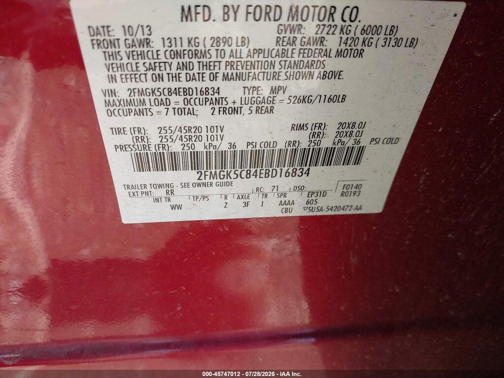 2FMGK5C84EBD16834 2014 FORD FLEX photo no. 9