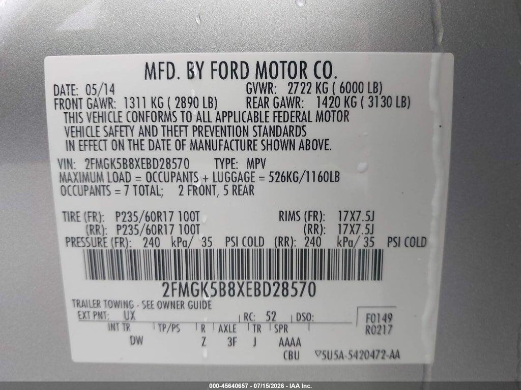 2FMGK5B8XEBD28570 2014 FORD FLEX photo no. 9