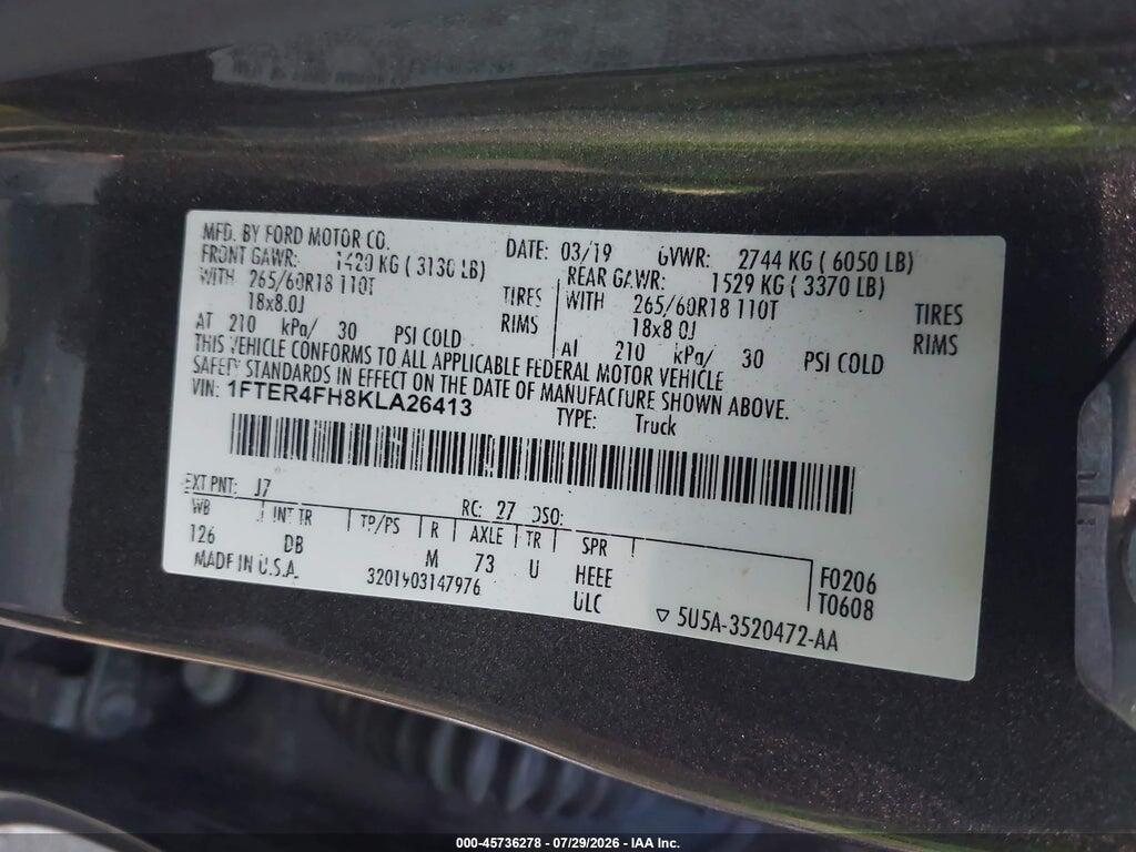 1FTER4FH8KLA26413 2019 FORD RANGER photo no. 9