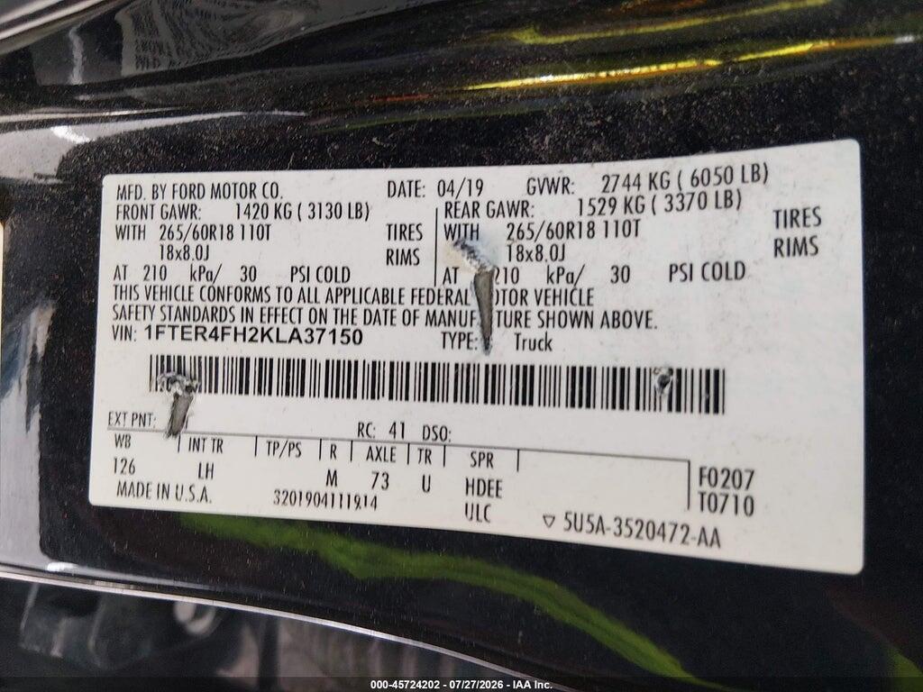 1FTER4FH2KLA37150 2019 FORD RANGER photo no. 9