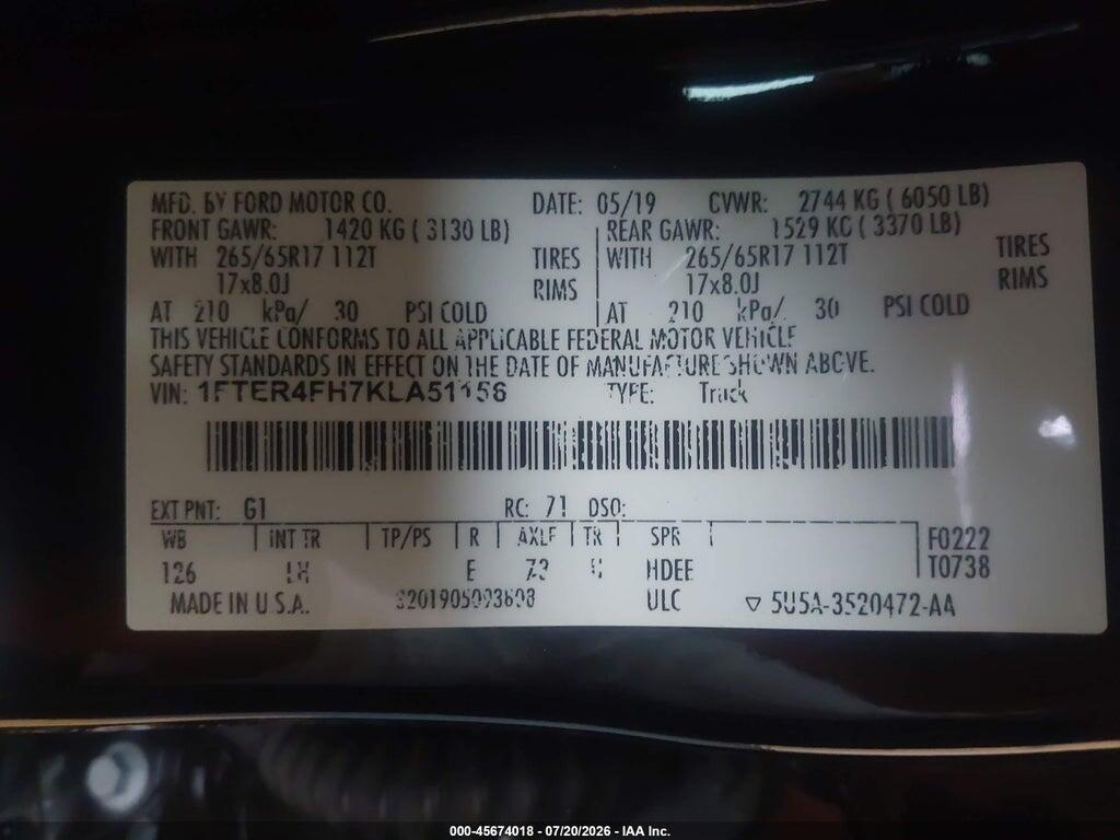 1FTER4FH7KLA51156 2019 FORD RANGER photo no. 9