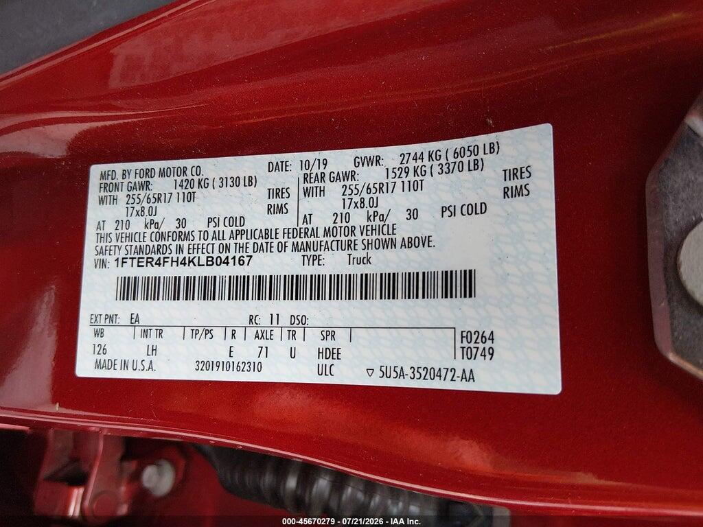 1FTER4FH4KLB04167 2019 FORD RANGER photo no. 9