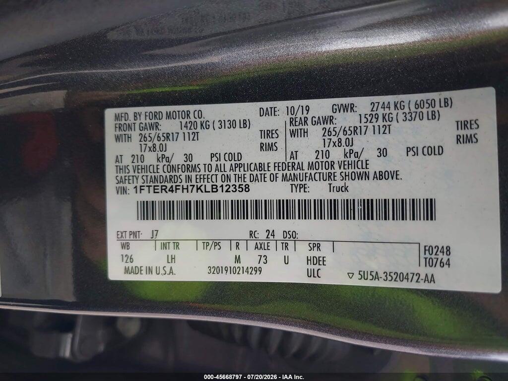 1FTER4FH7KLB12358 2019 FORD RANGER photo no. 9