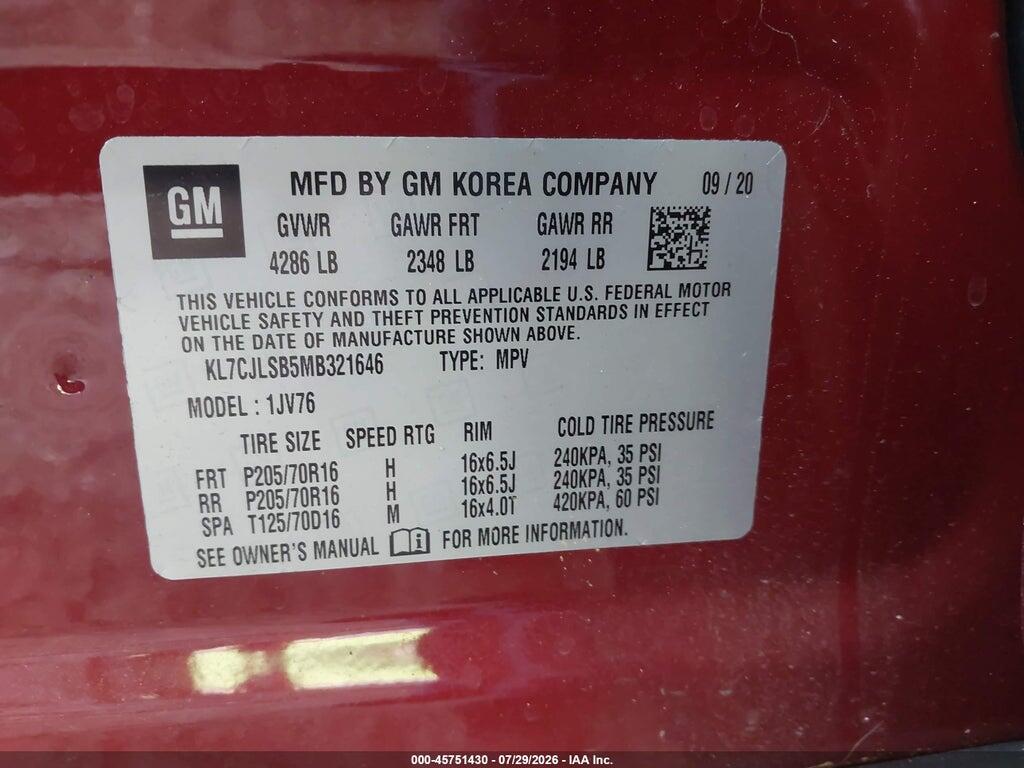 KL7CJLSB5MB321646 2021 CHEVROLET TRAX photo no. 9