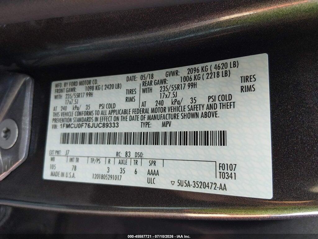 1FMCU0F76JUC89333 2018 FORD ESCAPE photo no. 9