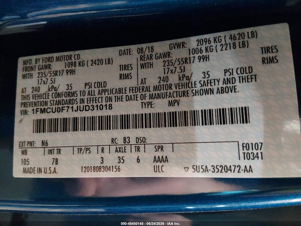 1FMCU0F71JUD31018 2018 FORD ESCAPE photo no. 9