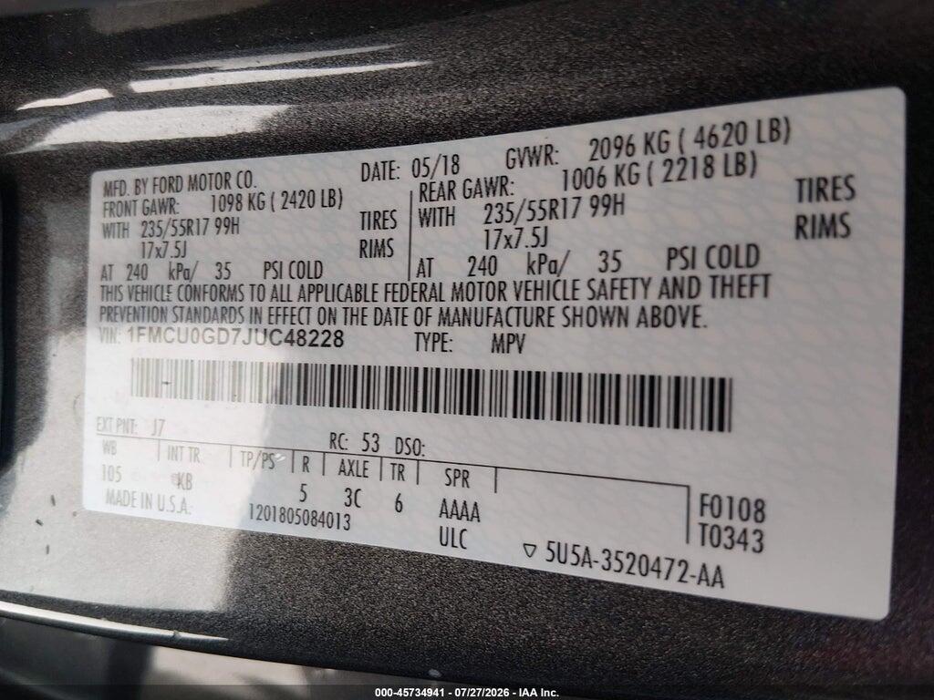 1FMCU0GD7JUC48228 2018 FORD ESCAPE photo no. 9