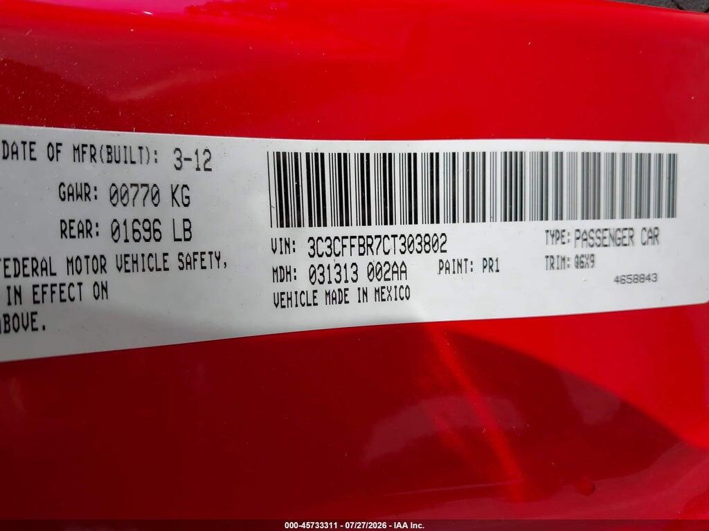 3C3CFFBR7CT303802 2012 FIAT 500 photo no. 9