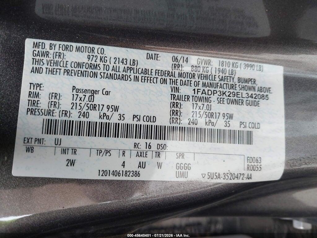 1FADP3K29EL342085 2014 FORD FOCUS photo no. 9