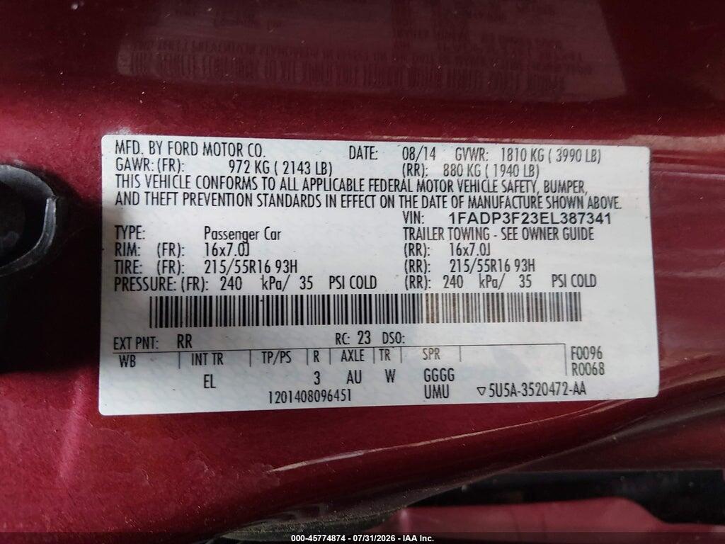1FADP3F23EL387341 2014 FORD FOCUS photo no. 9