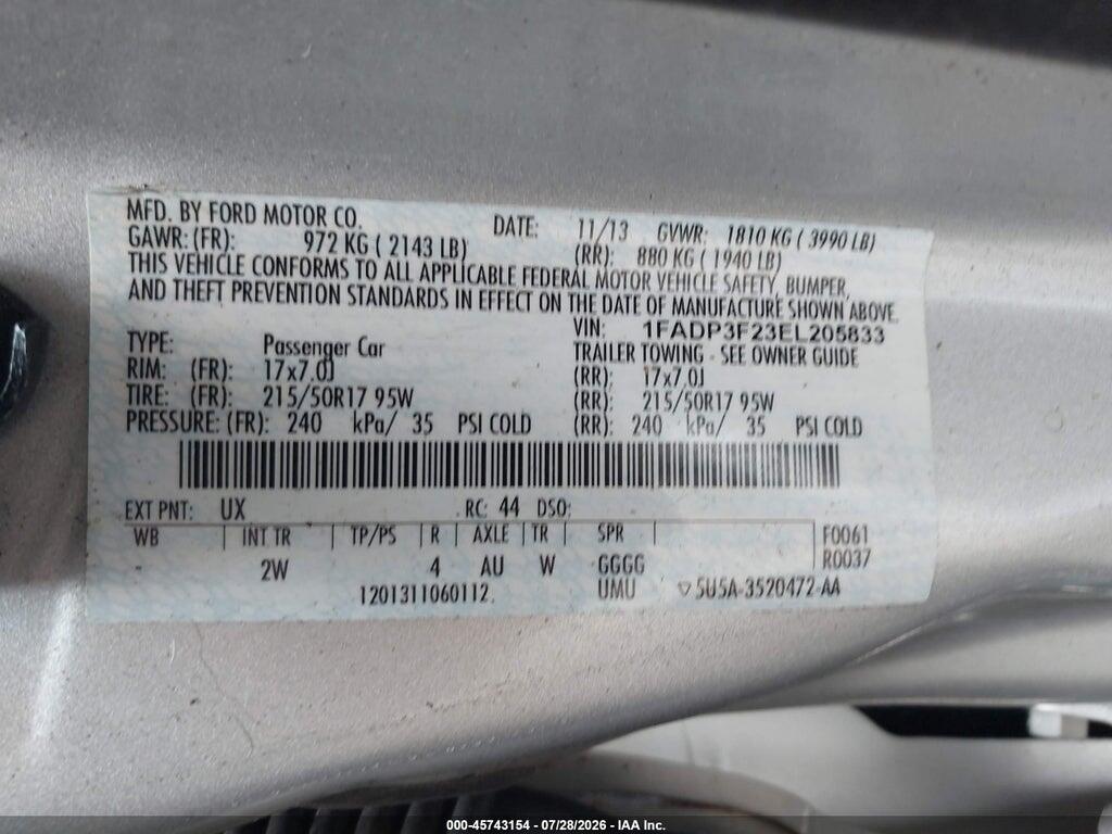 1FADP3F23EL205833 2014 FORD FOCUS photo no. 9