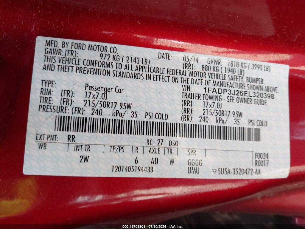 1FADP3J26EL320398 2014 FORD FOCUS photo no. 9