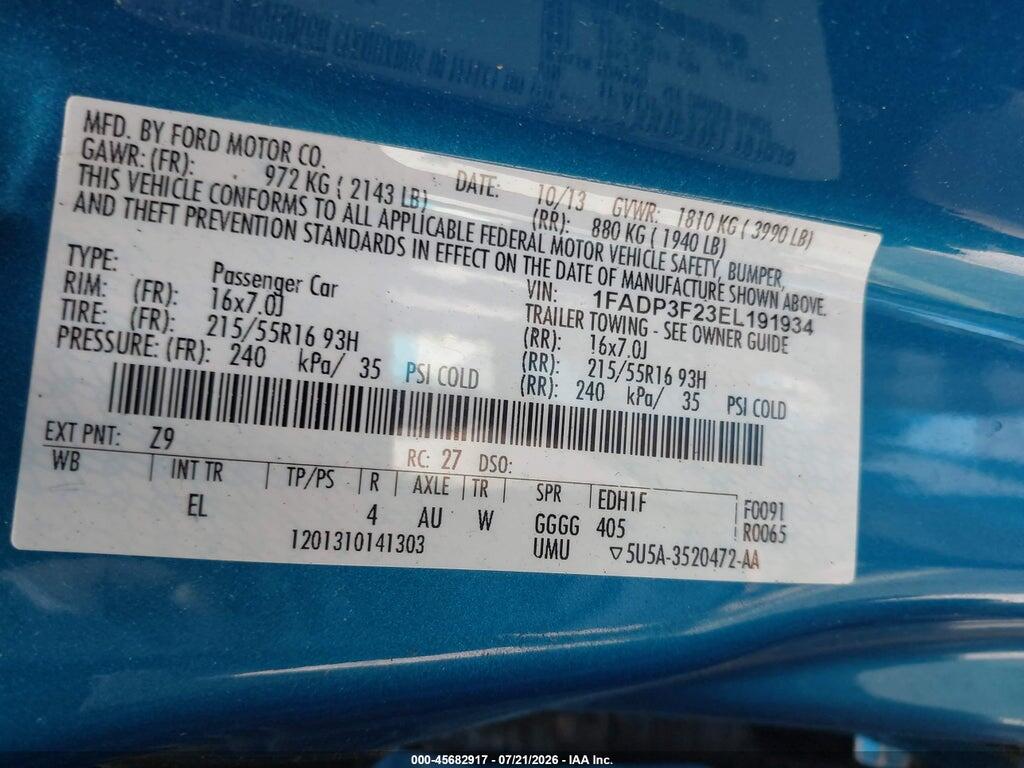 1FADP3F23EL191934 2014 FORD FOCUS photo no. 9