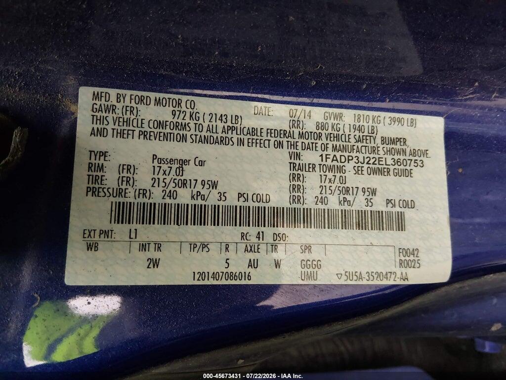 1FADP3J22EL360753 2014 FORD FOCUS photo no. 9