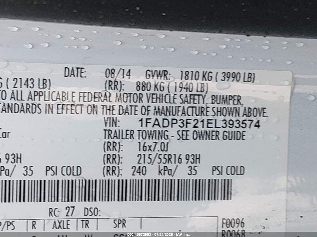 1FADP3F21EL393574 2014 FORD FOCUS photo no. 9