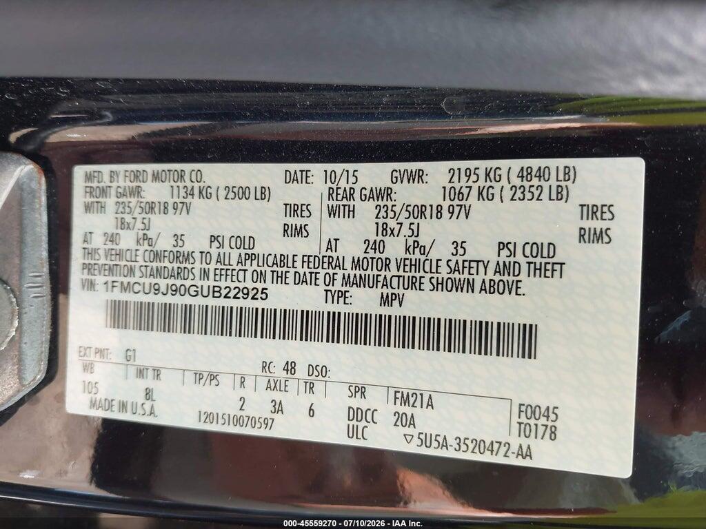 1FMCU9J90GUB22925 2016 FORD ESCAPE photo no. 9