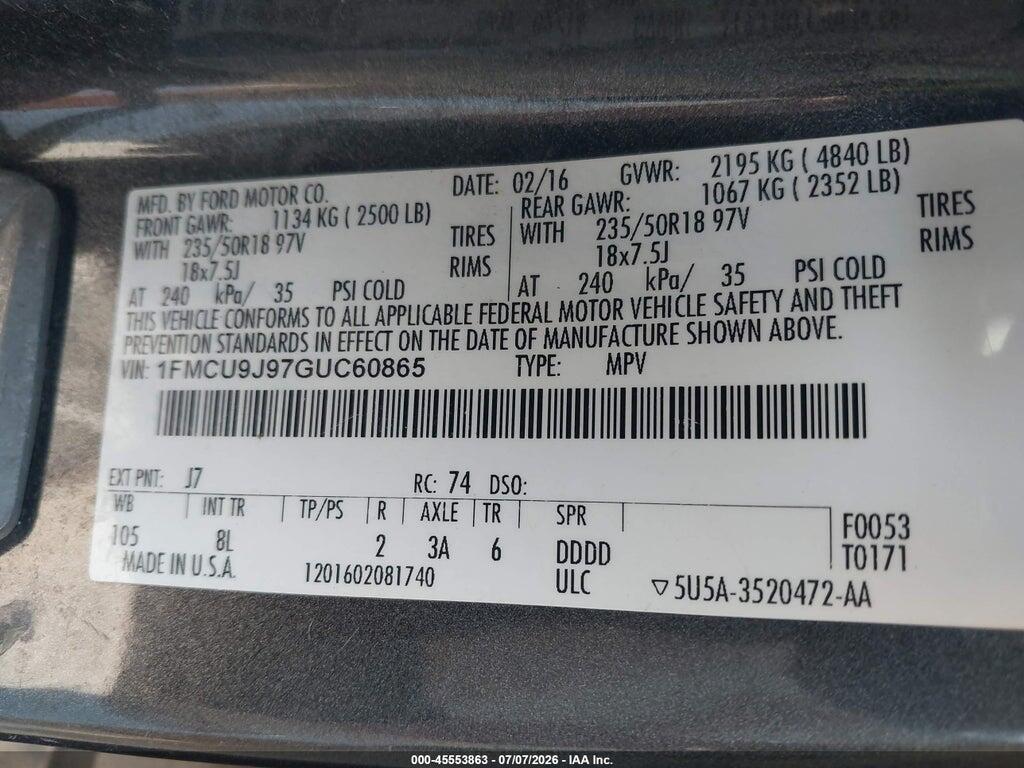 1FMCU9J97GUC60865 2016 FORD ESCAPE photo no. 9