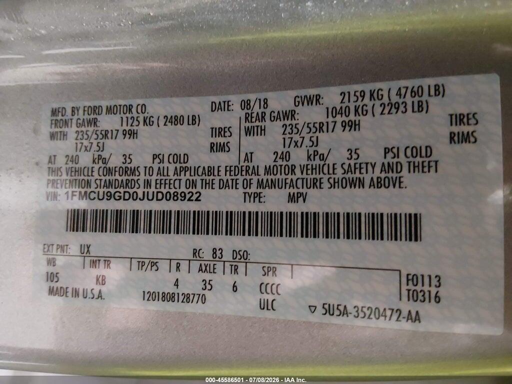 1FMCU9GD0JUD08922 2018 FORD ESCAPE photo no. 9