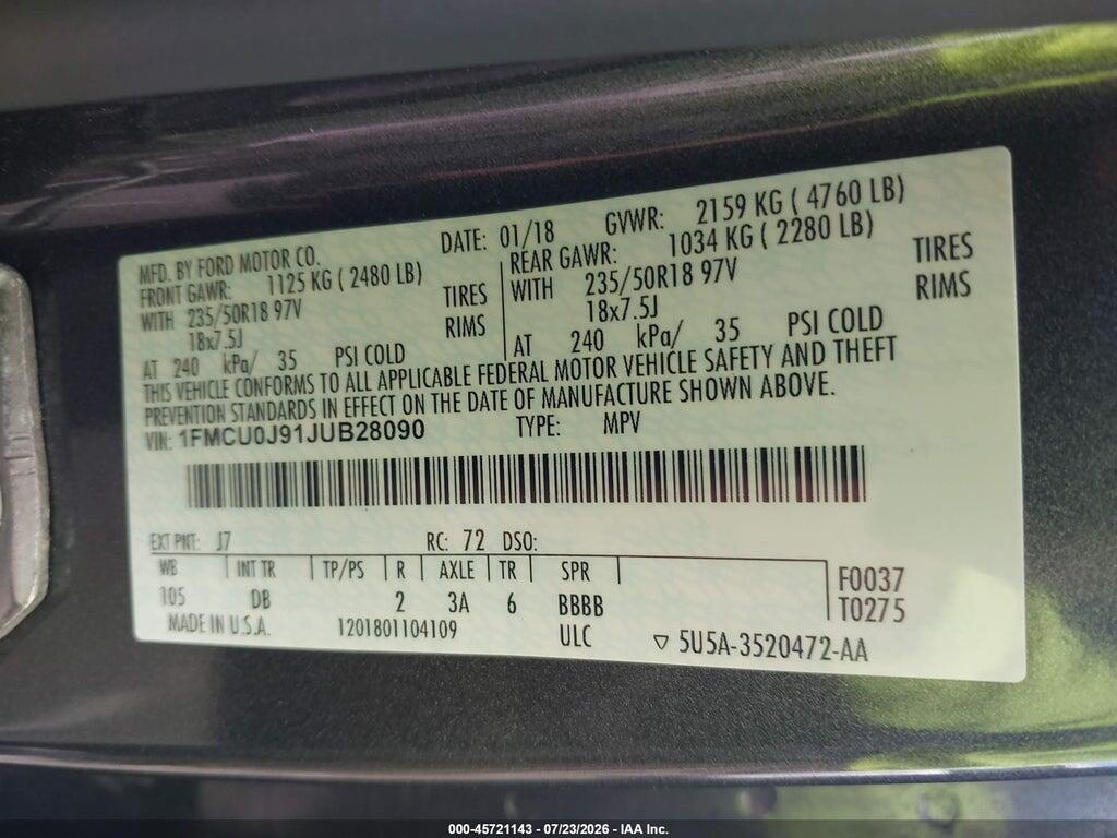 1FMCU0J91JUB28090 2018 FORD ESCAPE photo no. 9