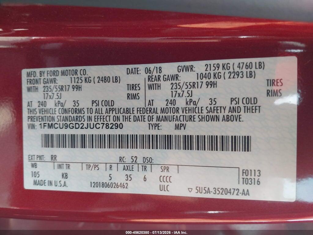 1FMCU9GD2JUC78290 2018 FORD ESCAPE photo no. 9