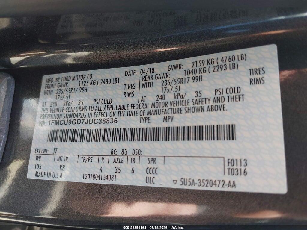 1FMCU9GD7JUC38836 2018 FORD ESCAPE photo no. 9