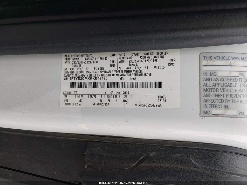 1FTYE2CMXKKB49490 2019 FORD TRANSIT-150 photo no. 9