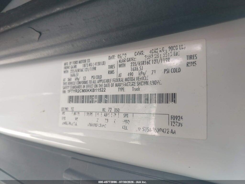 1FTYR2CMXKKB11522 2019 FORD TRANSIT-250 photo no. 9