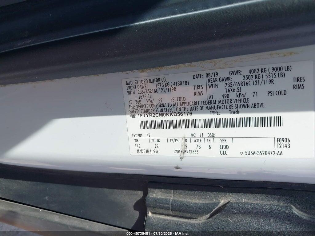 1FTYR2CM0KKB56176 2019 FORD TRANSIT-250 photo no. 9