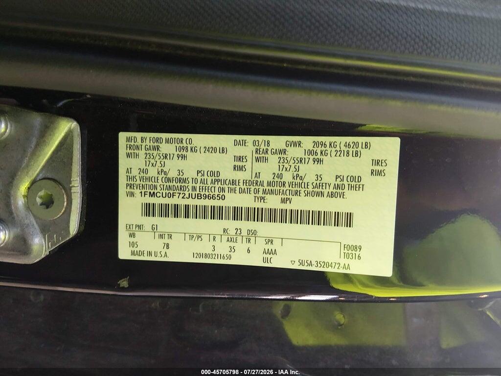 1FMCU0F72JUB96650 2018 FORD ESCAPE photo no. 9
