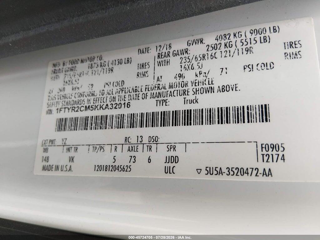1FTYR2CM5KKA32016 2019 FORD TRANSIT-250 photo no. 9