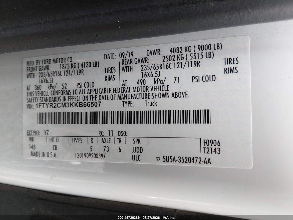 1FTYR2CM3KKB66507 2019 FORD TRANSIT-250 photo no. 9