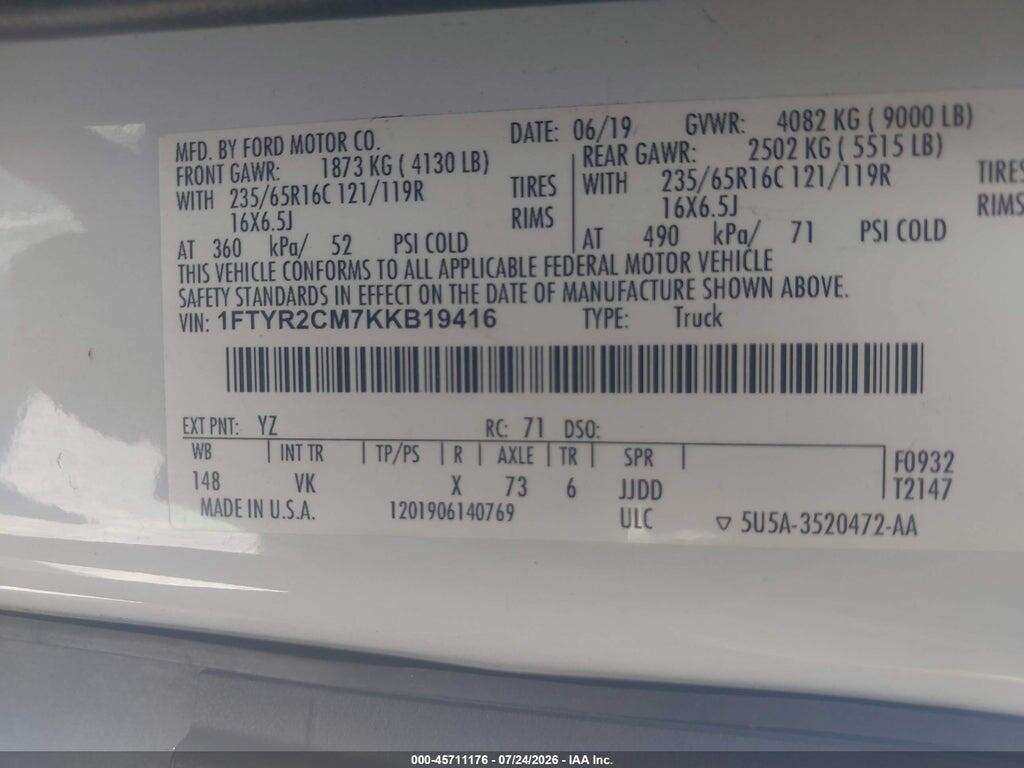 1FTYR2CM7KKB19416 2019 FORD TRANSIT-250 photo no. 9
