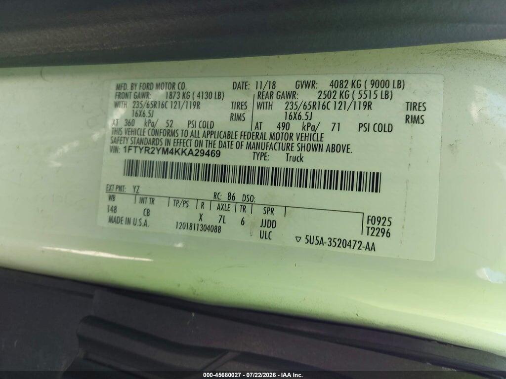 1FTYR2YM4KKA29469 2019 FORD TRANSIT-250 photo no. 9